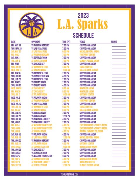 Printable2023 Los Angeles Sparks Basketball Schedule