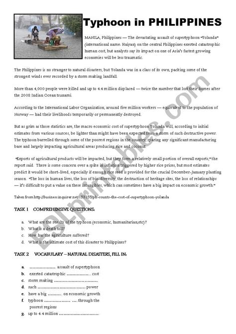 Typhoon Philippines news Natural disaster - ESL worksheet by slebzakewa