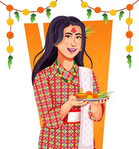 Premium Vector | Dashain Popular Festival in Nepal Nepalese girl holds ...