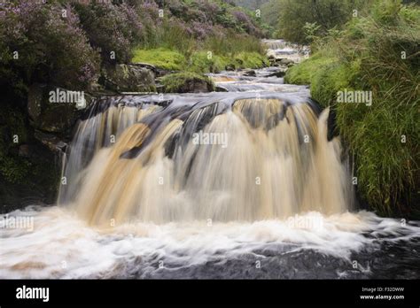 View of cascading stream and waterfall, Fairbrook Naze, Kinder Scout, Dark Peak, Peak District N ...