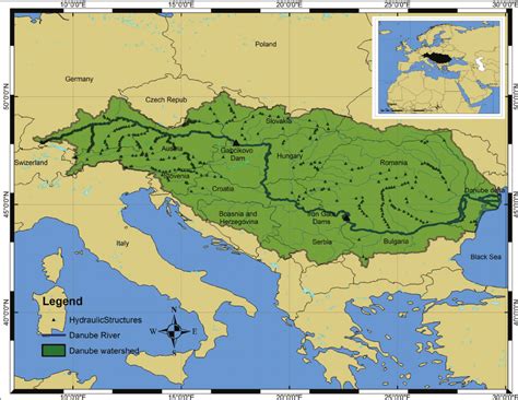 Geographic location of the Danube Watershed (shaded) and its extent ...