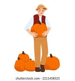 Farmer Cartoon Character Pumpkin Harvest Cheerful Stock Vector (Royalty Free) 2211458525 ...