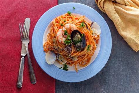 Seafood Pasta Pescatore stock photo. Image of dinner - 165576872