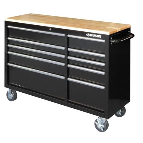 Husky 52 in. 10-Drawer Mobile Workbench with Solid Wood Top, Black ...