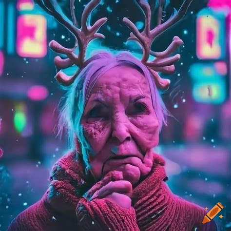 Neon cyberpunk city with an elderly woman wearing reindeer antlers on ...