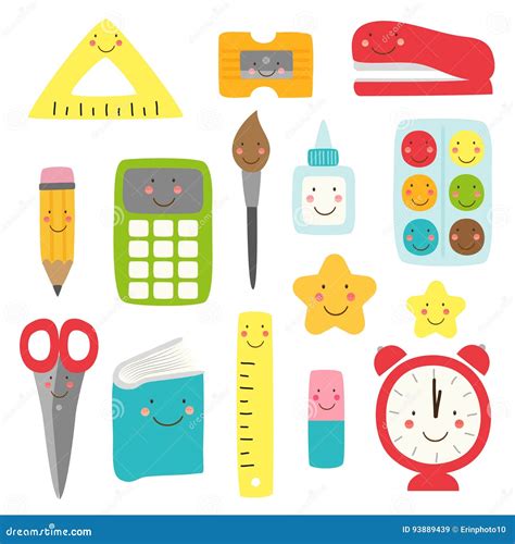 Cute Childish Back To School Supplies As Smiling Cartoon Characters Stock Vector - Illustration ...