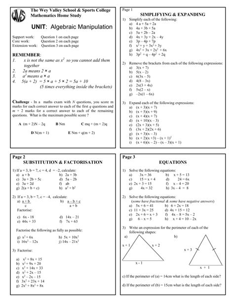 SOLUTION: Algebraic manipulation formulae mathematics practice ... - Worksheets Library