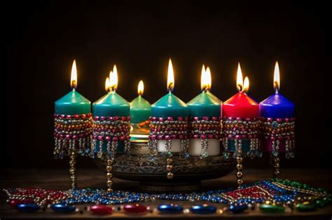 Premium AI Image | Menorah with colorful candles and decorations