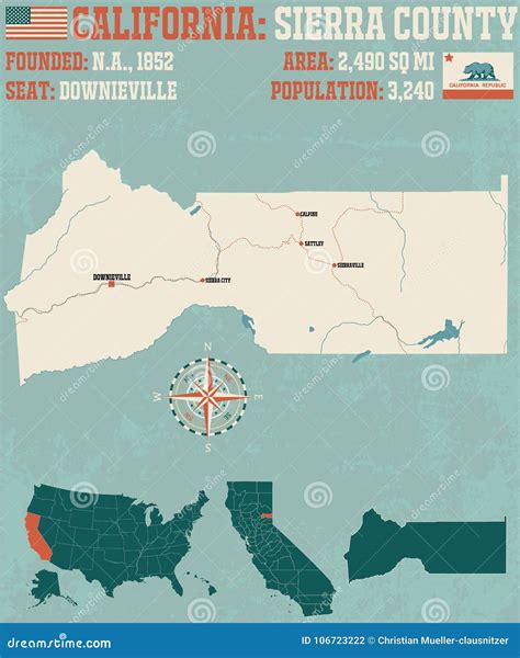 Sierra County Map in California. Stock Vector - Illustration of compass ...