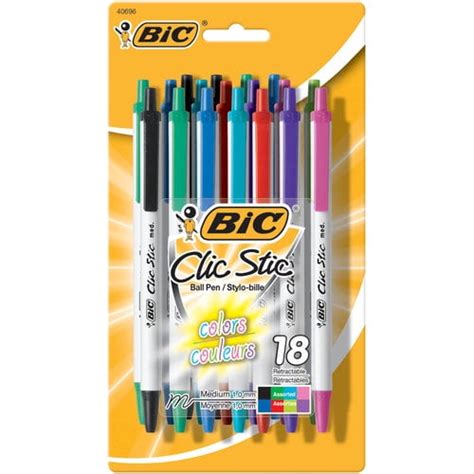 BIC Clic Stic Fashion Retractable Ballpoint Pens, Assorted Colors, 18 ...