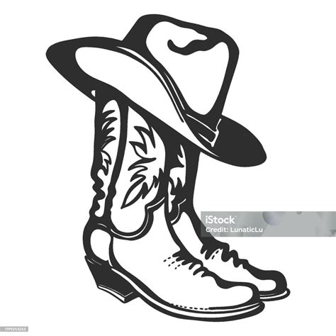 Cowboy Boots And Hat Vector Graphic Illustration Isolated On White For Design Stock Illustration ...