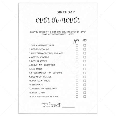 Ever or Never Birthday Game for Her Printable | Black & White ...