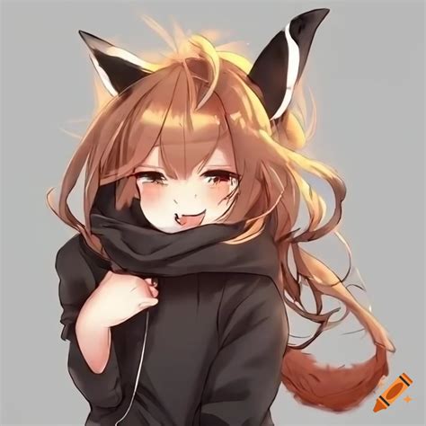 Excited anime fox girl with messy brown hair and black hoodie