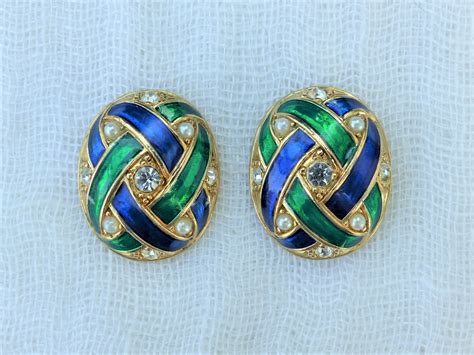 CABOUCHON Vintage Early1990s Gold-plated Blue/Green Enamel | Etsy | Large stud earrings, Vintage ...