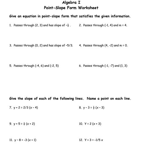 Solved Algebra I Point-Slope Form Worksheet Give an equation | Chegg.com