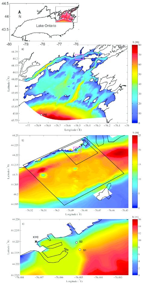 Maps indicating: (a) bathymetry of northeast Lake Ontario showing the... | Download Scientific ...