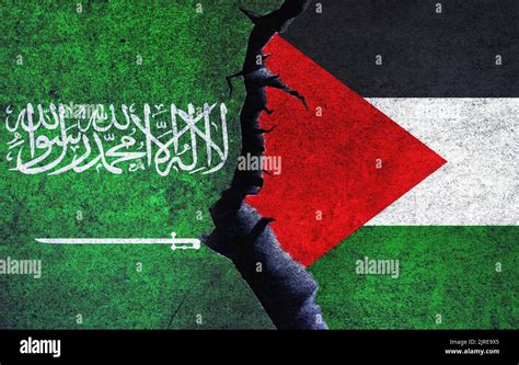 Palestine vs Saudi Arabia concept flags on a wall with a crack. Saudi ...