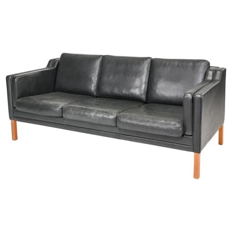 Mid Century Danish Modern Beautiful Brown Leather 3 Seat Sofa wood Legs ...