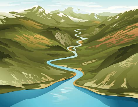 A Clip Art Of A River Circling Its Way Around A Mountain Stock Illustration - Download Image Now ...