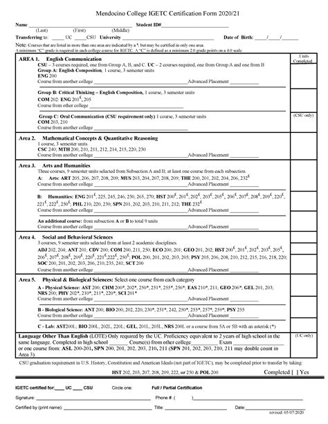 Intersegmental General Education Transfer Curriculum (IGETC) Worksheet | Mendocino College