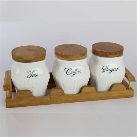 Vaso Tea Coffee Sugar Canister Set Ceramic Jars Bamboo Lids With Tray ...