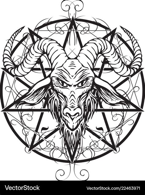 Contour drawing of horned goat head and pentagram Vector Image