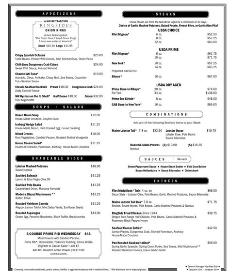 Menu at RingSide Steakhouse, Portland, W Burnside St