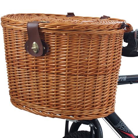 WICKER BICYCLE FRONT PICNIC BASKET WITH LID & CARRY HANDLE SHOPPING ...