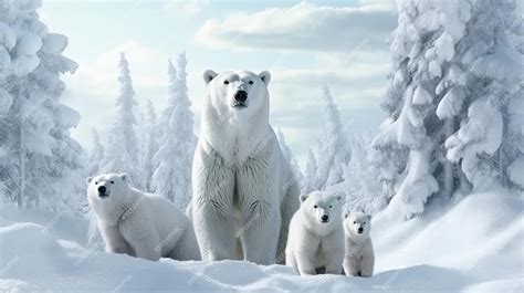 Premium AI Image | A polar bear family in the snow with trees in the background