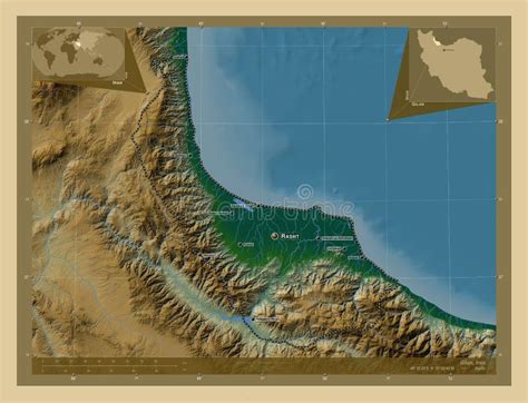 Gilan, Iran. Physical. Labelled Points of Cities Stock Illustration - Illustration of capital ...