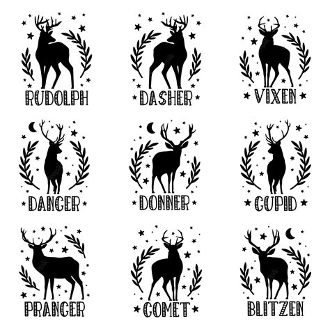 Premium Vector | Christmas reindeer names vector illustrations set