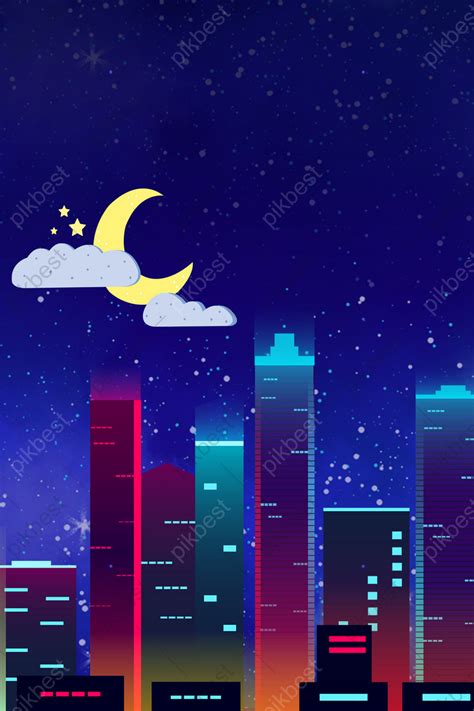 Neon Color Simple Cartoon City Night Sleep Starry Sky Poster ...