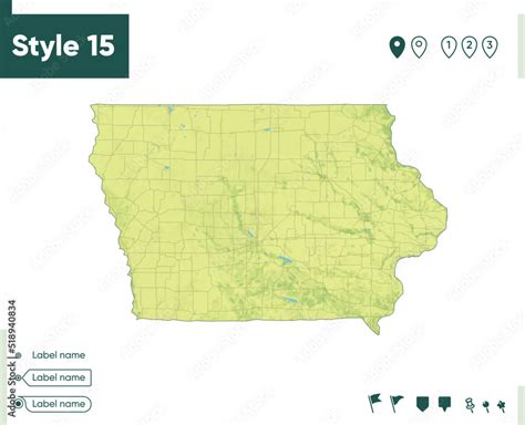 Iowa, USA - map with shaded relief, land cover, rivers, lakes ...