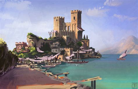 an oil painting of a castle by the water