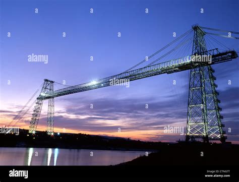 Newport Transporter Bridge and River Usk at twilight / night Newport South Wales UK Stock Photo ...