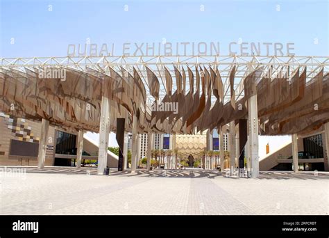 Dubai - UAE - August 9, 2023: Dubai Exhibition Centre sign at the Expo 2020 entrance Stock Photo ...