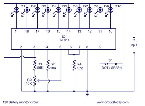 12V battery level indicator with LED dot / bargraph display. Suitable for automobile lead acid ...