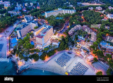 Aerial view, View of Paguera with hotels and beaches, Costa de la Calma ...