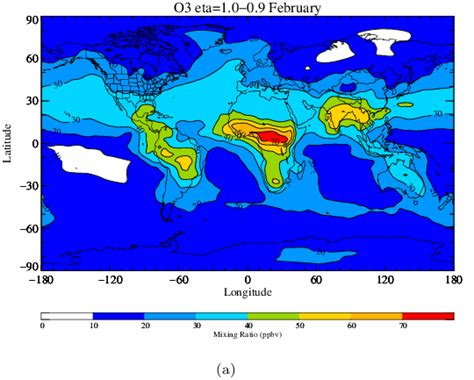 (a) Ground level ozone mixing ratio for the base case in February and ...