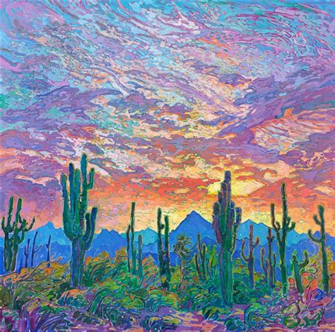 Arizona saguaro oil painting desert landscape artwork for sale by impressionist artist Erin Hanson.