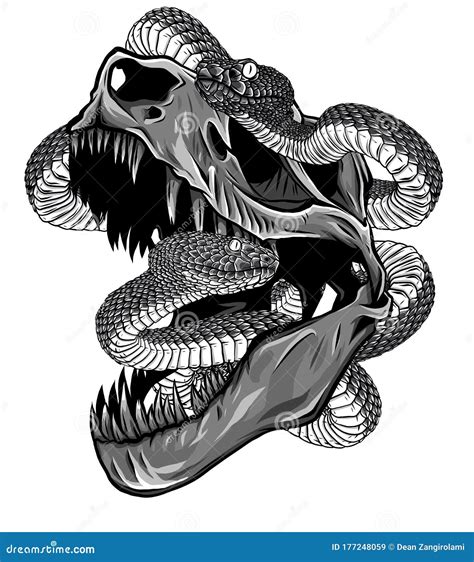 Monochromatic Dinosaur Skull. Drawing of T-Rex Skull with Snake Stock Vector - Illustration of ...