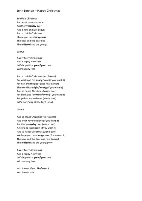 Song Worksheet: Happy Xmas by John Lennon