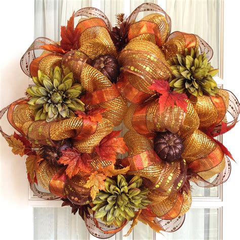 Deco Mesh FALL Wreath Gold Copper Brown Dahlias Glitter