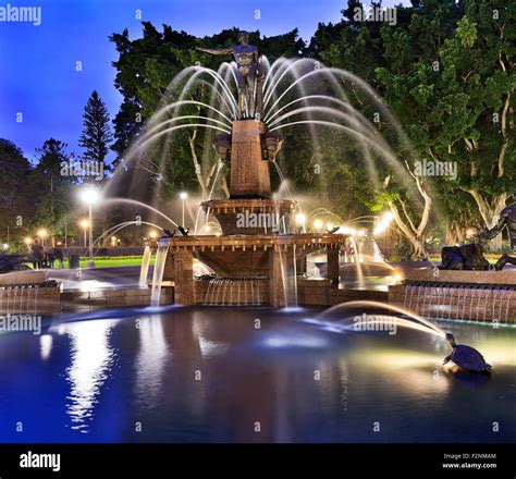 front view of Sydney hyde park landmark - Archibald fountain as sunset ...