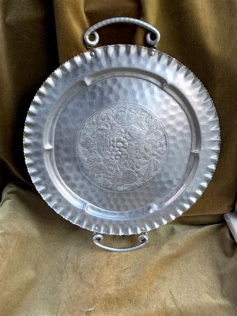 Vintage Round Hammered Aluminum Tray with Handles | Etsy