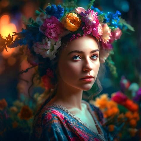 Premium AI Image | A pretty girl wearing an abstract colorful flower crown on her head