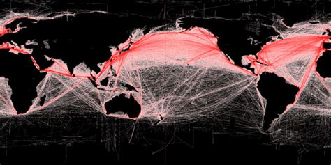 Map of global shipping routes illustrates the relative density of ...