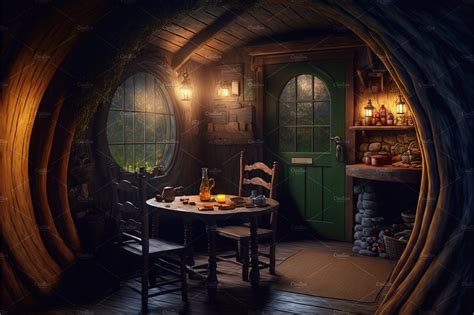 Hobbit house interior at night | Illustrations ~ Creative Market