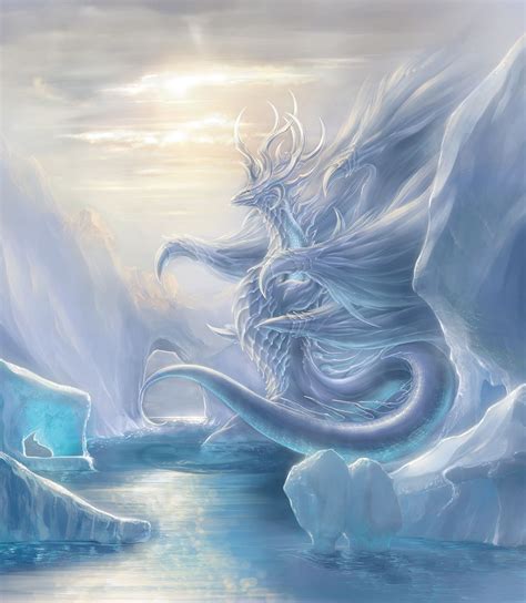 a white dragon sitting on top of an iceberg