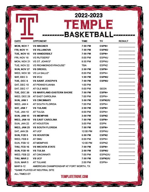 Printable 2022-2023 Temple Owls Basketball Schedule